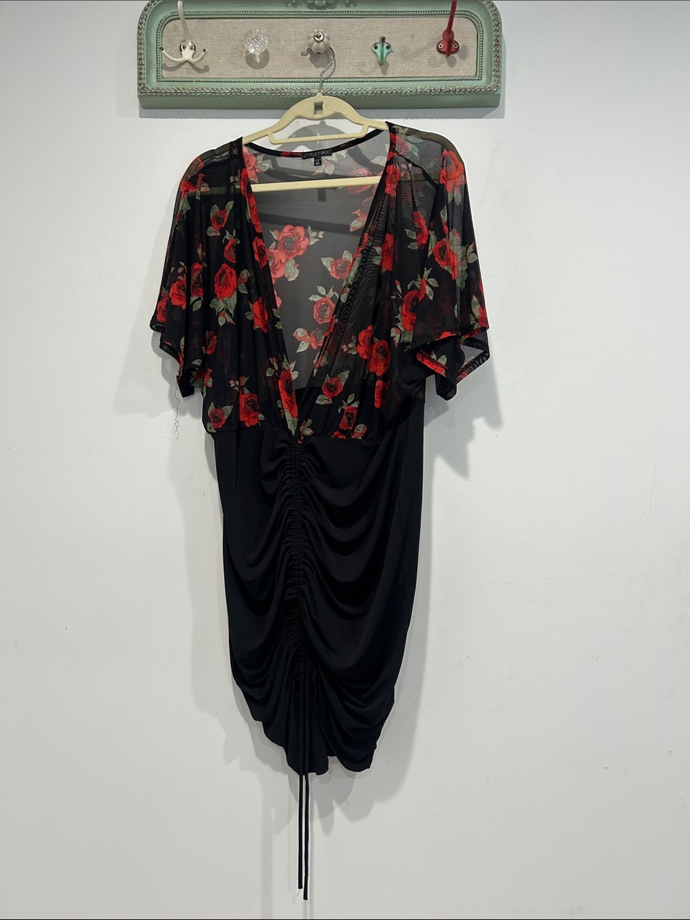 Curvy Sense Floral Mesh sheer upper Black Mini Dress with Red Roses plus size 2X